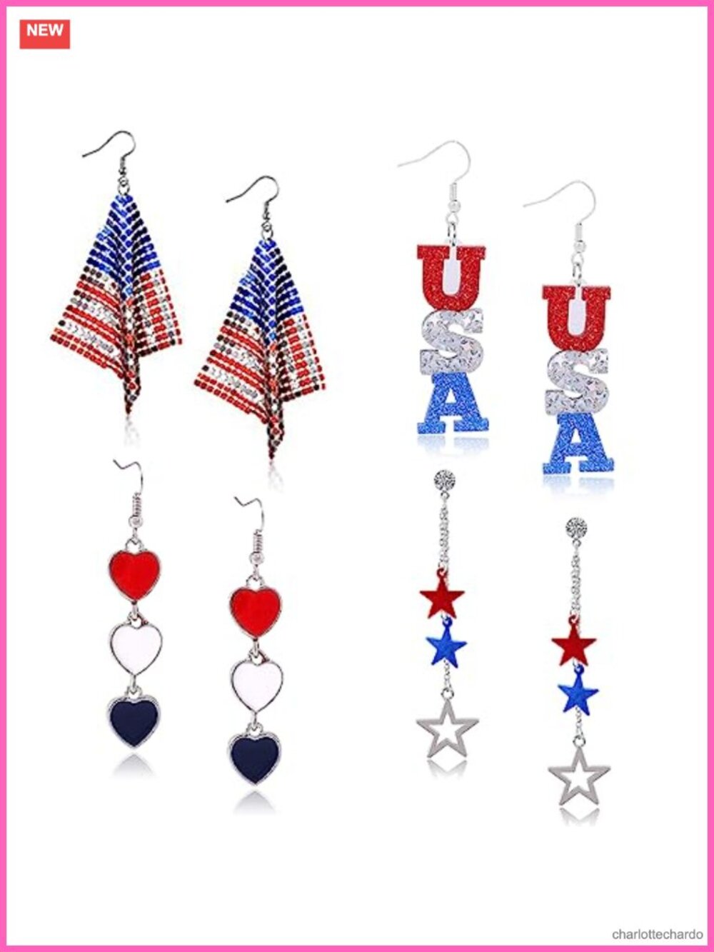 Patriotic Star Drop Dangle Earrings Alloy Rhinestone 4th of July Gift